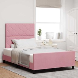 Pat tapitat roz 120x190 cm cu tablie reglabila, catifea si lemn