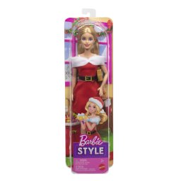 Papusa Barbie Style de Craciun cu rochie festiva rosie
