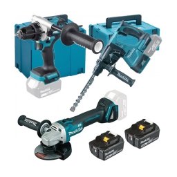Makita - DHP492Z + DHR243Z + DGA506Z - Masina de gaurit si insurubat cu percutie, 130 Nm + Rotopercutor SDS-Plus, 2 J + Polizor unghiular, 125 mm + Set 2 acumulatori si incarcator, Li-Ion, 18 V, 5 Ah + 2 x Valiza speciala