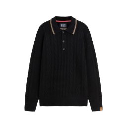 SCOTCH & SODA Pulover Soft Knit Polo Cable Dropped Shoulder 183771 001 meteorite