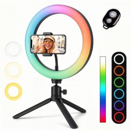 Ring Light Lampa Circulara REVOSE™, Diametru 26cm/10inch LED, Lumina Naturala/Rece/Calda, 15 culori RGB, Trepied Inclus, Telecomanda Bluetooth
