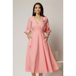 Rochie office de ocazie din stofa roz somon cu bust petrecut si rever