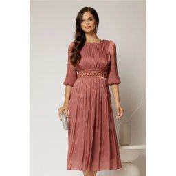 Rochie midi roz coniac de ocazie din voal peliculizat cu cordon detasabil