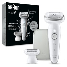 Epilator Braun Silk-épil 9 9-041 Wet & Dry, MicroGrip, Smart Light, 2 viteze, 40 pensete, Cap de ras + Pieptene, 1 capac, Geanta de voiaj, Alb/Argintiu