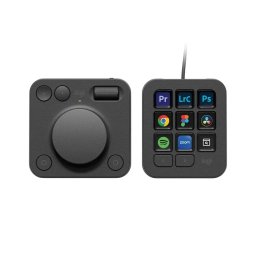 Set Consola Logitech MX Creative com pus din: MX Creative Keypad – un tastier/mini-tastatura cu taste LCD personalizabile, MX Creative Dialpad – un controler cu rotita, butoane si comenzi analogice, Graphite