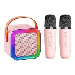 Set karaoke portabil Honor Multi-functional Microphone Karaoke Set, boxa cu iluminare LED si 2 microfoane, Roz