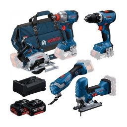 Bosch - GSR 18V-65 + GDX 18V-285 + GKS 18V-57-2 + GOP 18V-34 + GST 18V-125 S - Masina de gaurit si insurubat, 63 Nm + Masina de insurubat cu impact, patrat 1/2 inch si hexagon interior 1/4 inch, 285 Nm, M8-M18 + Fierastrau circular, 165x20 mm + Multicutte