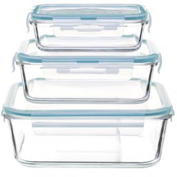 Set 3 caserole din sticla borosilicata patrate 5Five Clipeat cu capac albastru