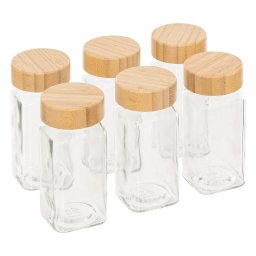 Set 6 borcane pentru condimente din sticla cu capac din bambus, 120 ml