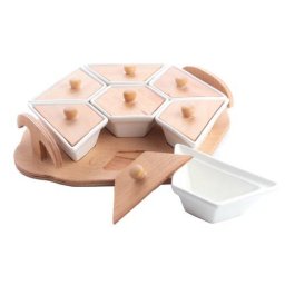 Set Servire Mic Dejun Studio Casa 7 Vase pe Suport de Lemn Ceramica Alb