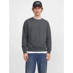 Jack & Jones Bluza barbati cu decolteu la baza gatului si imprimeu pe spate, JORNORREBRO, Gri inchis (SELECTATI MARIMEA: S)