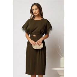 Rochie DY Fashion midi kaki din triplu voal cu pene la maneci