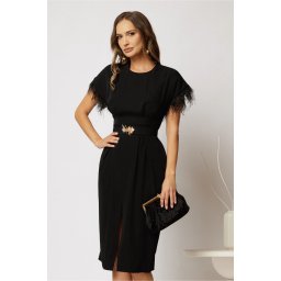 Rochie DY Fashion midi neagra din triplu voal cu pene la maneci
