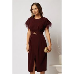 Rochie DY Fashion midi bordo din triplu voal cu pene la maneci