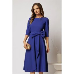 Rochie DY Fashion albastra cu funda ampla in talie decolteu rotund maneci trei sferturi