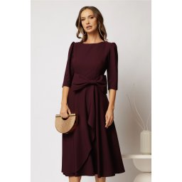 Rochie DY Fashion mov pruna cu funda ampla in talie decolteu rotund maneci trei sferturi