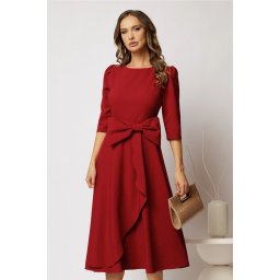 Rochie DY Fashion rosu inchis cu funda ampla in talie decolteu rotund maneci trei sferturi