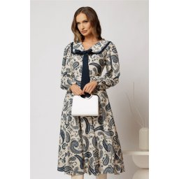 Rochie midi imprimeu floral bleumarin cu guler evidentiat cu volanas