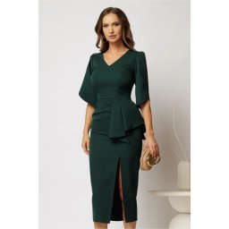 Rochie midi verde eleganta cu slit si peplum din pliuri
