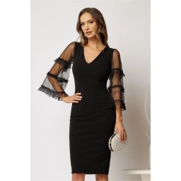 Rochie neagra eleganta cu maneci largi transparente si detalii din dantela