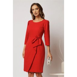 Rochie scurta rosie din stofa cu croi conic si detaliu floral
