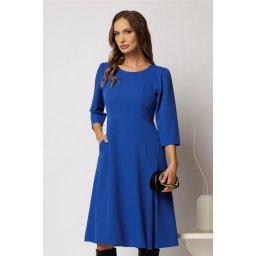Rochie midi albastra cu pliuri pe fusta si croi evazat