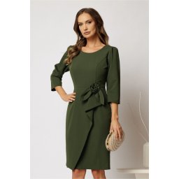 Rochie scurta kaki din stofa cu croi conic si detaliu floral