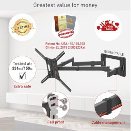 Suport TV plat/curbat de perete cu 2 brate Barkan BM464XL, 13"- 83", Max 50kg, VESA 600x400, negru
