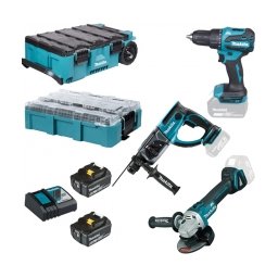 Makita - DHP490Z + DHR202Z + DGA504Z - Masina de gaurit si insurubat cu percutie, 65 Nm + Rotopercutor SDS-Plus, 2 J + Polizor unghiular, 125 mm + Set 2 acumulatori si incarcator, Li-Ion, 18 V, 5 Ah + 2 x valiza speciala