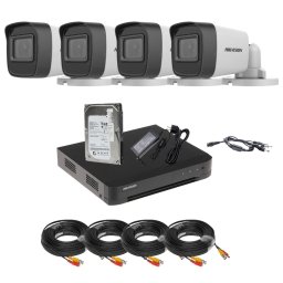 Sistem de supraveghere complet analog pentru casă, curte și garaj, 4 camere bullet Hikvision 5MP, IR 25m, Audio, DVR 4 canale AcuSense, HDD, accesorii pentru montaj incluse
