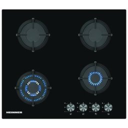 Plita pe gaz incorporabila Heinner HBH-S584WI-GBK, 60 cm, 4 arzatoare, Wok, aprindere, gratare din fonta, sticla neagra