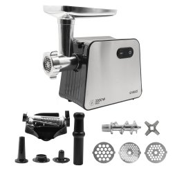 Masina de tocat carne Samus SMT-2200X, 2200W, 1.8 kg/min, 3 site din otel (3,5,7 mm), Viteze 1 + revers, Inox/Negru