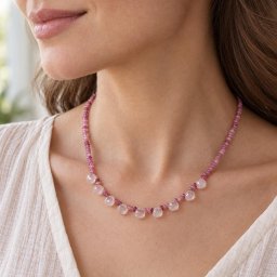Colier Turmalina roz diamond cut 3mm si briolete din Cuart roz cu argint 925