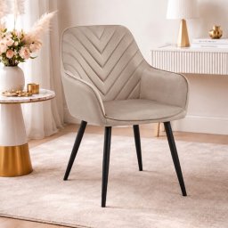 Scaun stil fotoliu bucatarie/living, Artool, Nana, catifea bej inchis, picioare metal negru, 54x61x83.5 cm