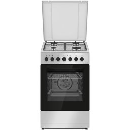 Aragaz mixt Heinner HFSC-S60LITGC-SL, 4 arzatoare, aprindere electrica plita, cuptor electric, clasa A, timer, grill, ventilatie, sertar inferior vase, 50x60 cm, argintiu