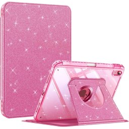 Husă Rotativă 360° Fintie pentru iPad 11 Gen (A16, 11") și iPad 10 Gen (10.9"), Suport Apple Pencil, Funcție Auto Sleep/Wake, Spate Hibrid PC+TPU, Roz cu Sclipici (Glittering Pink)