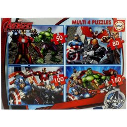 Puzzle Progresiv Educa Avengers 4 în 1 (50, 80, 100, 150 Piese), Marvel Supereroi Iron Man, Captain America, Thor, Hulk, Joc Educativ pentru Copii 5+ Ani (Cod 16331)