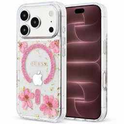Husa Husa pentru iPhone 18 Pro Max / iPhone 17 Pro Max - Guess Resin Flowers and Glitter MagSafe (GUHMP18XRBFGFGMP) - Pink