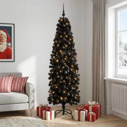 Brad de Crăciun artificial îngust cu globuri 180 cm 300 LED-uri