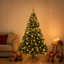 Brad de Crăciun artificial cu globuri 150 cm 150 LED-uri