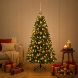 Brad de Crăciun artificial cu globuri 120 cm 150 LED-uri