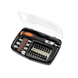 Set cu clichet Black+Decker A7062 – 40 de piese: mâner cu clichet, 32 de biți de 25 mm și 7 chei tubulare