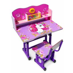 Set birou si scaun copii A5, cu cadru metalic, blat MDF, ceas si abac, Unicorn roz