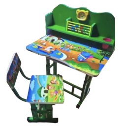 Set birou si scaun copii B1, cu cadru metalic, blat MDF, ceas si abac, Joaca Verde