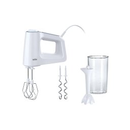 Mixer de mana Braun HM3105WH, 500 W, 5 viteze + Turbo, Pahar gradat 0.6L, Picior pasator plastic, 2 palete, 2 carlige, Alb-Gri