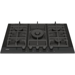 Plita incorporabila Haier HAVG75HB, Gaz, 5 arzatoare, Aprindere electrica, Wok, Gratar fonta, 75 cm, Sticla neagra