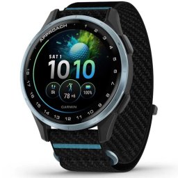 Ceas inteligent Garmin Approach J1, 43 mm, Golf GPS, rama din aluminiu Cloud blue cu curea din material textil ComfortFit Negru-Azure
