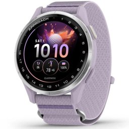 Ceas inteligent Garmin Approach J1, 43 mm, Golf GPS, rama din aluminiu Silver cu curea din material textil ComfortFit, Lila
