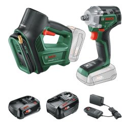 Set 2 scule cu acumulator 18V PBA Bosch 0615A5009C, masina de insurubat cu impact 18V-350, compresor UniversalPump, 1 x acumulator 2 Ah, 1 x acumulator 4 Ah si incarcator