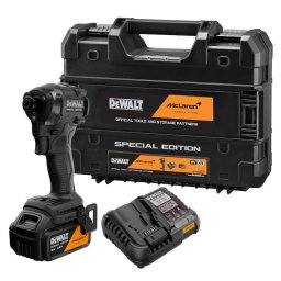 Masina de insurubat cu impact pe acumulator DeWALT DCF86MM1T, editie speciala McLaren, 18V XR, 1/4 inch, acumulator Li-Ion 4 Ah, motor fara perii, iluminare LED, ultra compacta 100mm, cuplu strangere 206 Nm, viteza 0-3250 RPM, cutie transport TSTAK